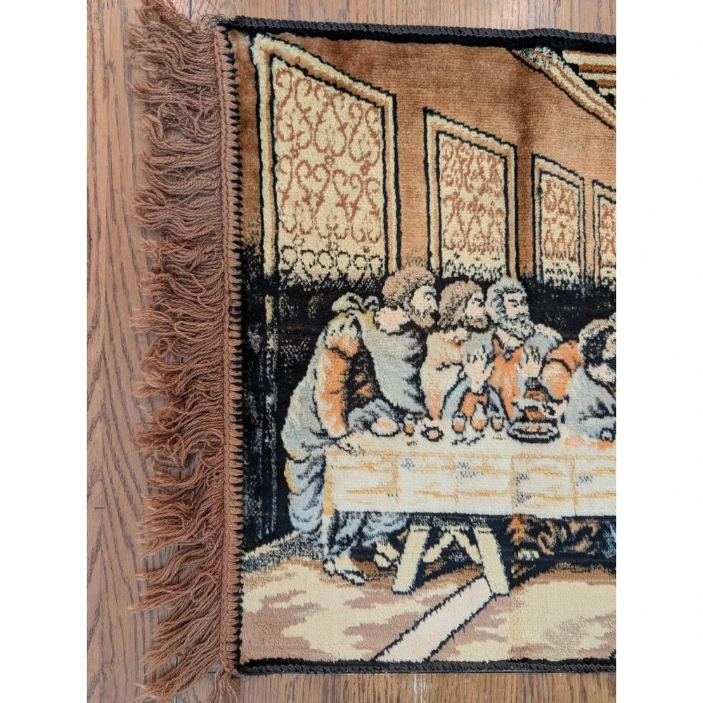 Vintage Last Supper Woven Tapestry Wall Hanging Fringe Religious‎ Decor Brown